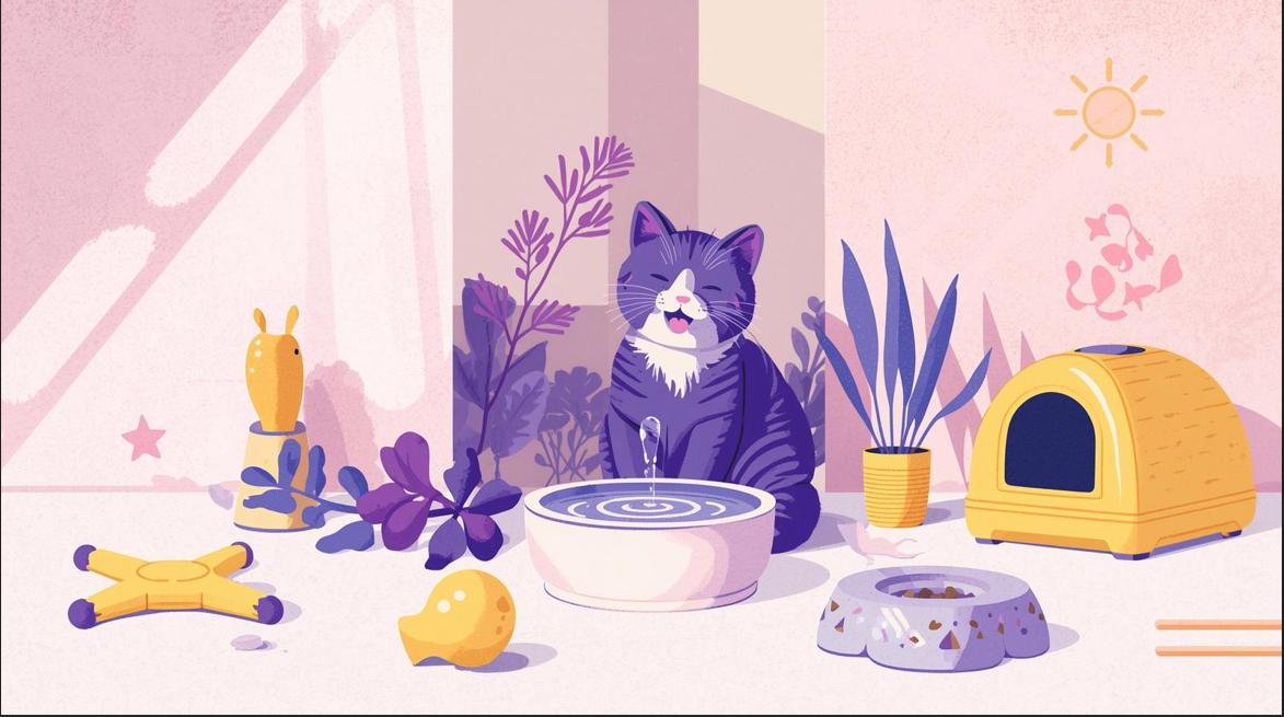 Chat mignon avec accessoires FELINA - fontaine eau, jouets, coussin et litière pour chat heureux